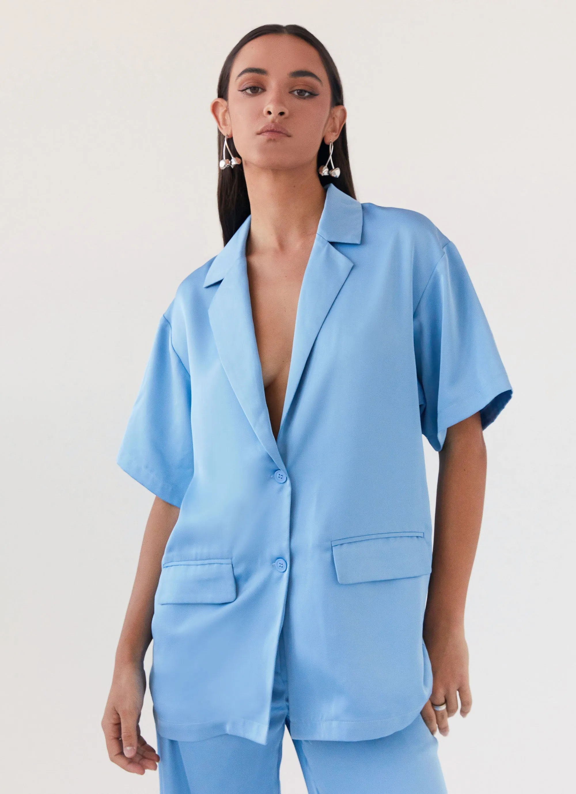 Brinkley Oversized Satin Shirt - Sky Blue