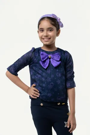 One Friday Kids Girls Navy Blue Star Printed Top With Bow